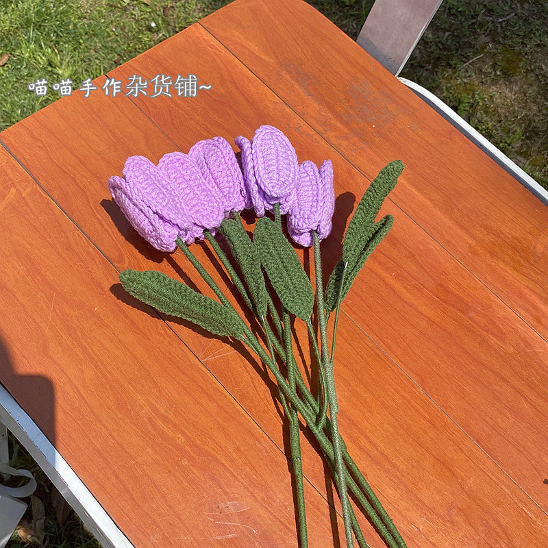 Finished Handmade Woven Rose Lily of the Valley Sunflower Artificial Flower Yarn Knitted Bouquet Floral Arrangement Gift