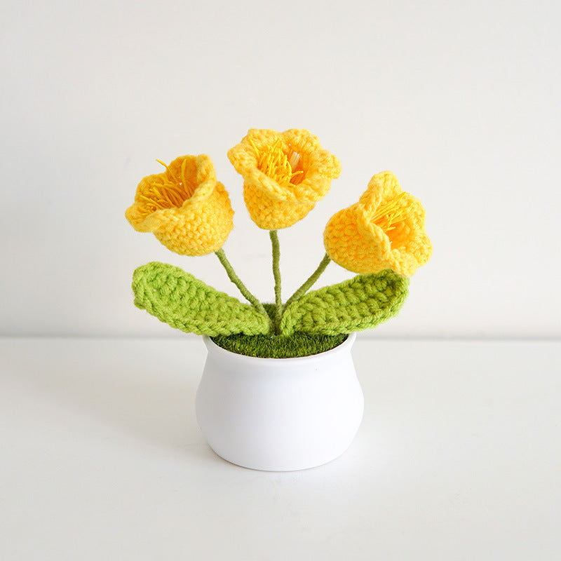 Finished Hand-Woven Linglan Potted Home Decoration Knitted Artificial Flower Wool Crocheted Bouquet Fake Flower Gift