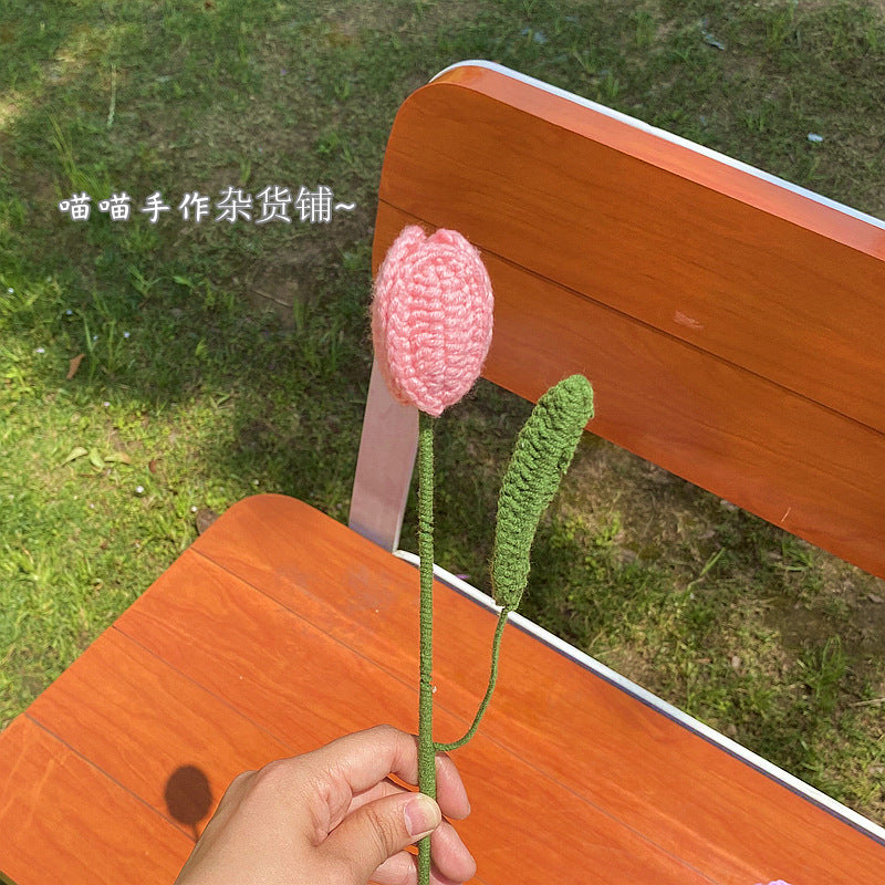 Finished Handmade Woven Rose Lily of the Valley Sunflower Artificial Flower Yarn Knitted Bouquet Floral Arrangement Gift