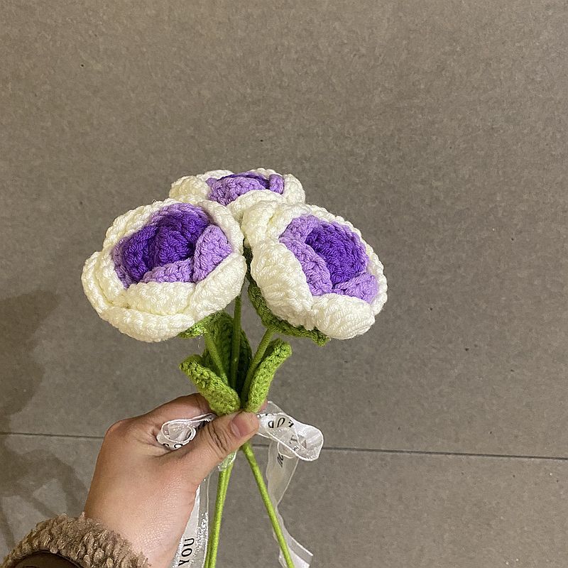Finished Handmade Woven Rose Lily of the Valley Sunflower Artificial Flower Yarn Knitted Bouquet Floral Arrangement Gift
