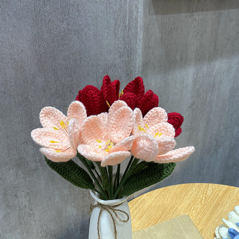 Finished Handmade Woven Rose Lily of the Valley Sunflower Artificial Flower Yarn Knitted Bouquet Floral Arrangement Gift
