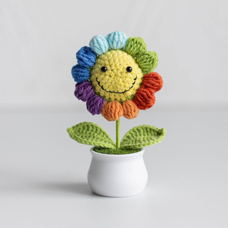 Finished Hand-Woven Linglan Potted Home Decoration Knitted Artificial Flower Wool Crocheted Bouquet Fake Flower Gift