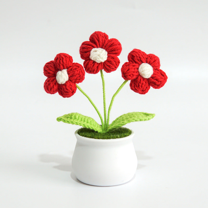 Finished Hand-Woven Linglan Potted Home Decoration Knitted Artificial Flower Wool Crocheted Bouquet Fake Flower Gift