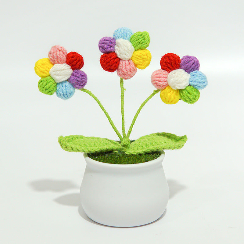 Finished Hand-Woven Linglan Potted Home Decoration Knitted Artificial Flower Wool Crocheted Bouquet Fake Flower Gift