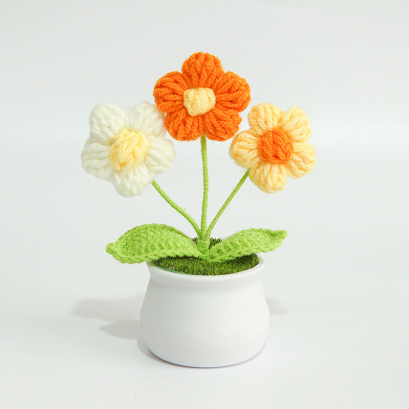 Finished Hand-Woven Linglan Potted Home Decoration Knitted Artificial Flower Wool Crocheted Bouquet Fake Flower Gift