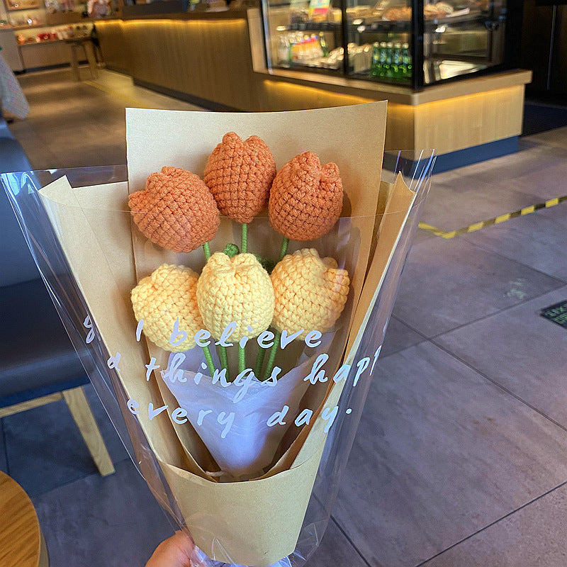 Finished Handmade Woven Rose Lily of the Valley Sunflower Artificial Flower Yarn Knitted Bouquet Floral Arrangement Gift