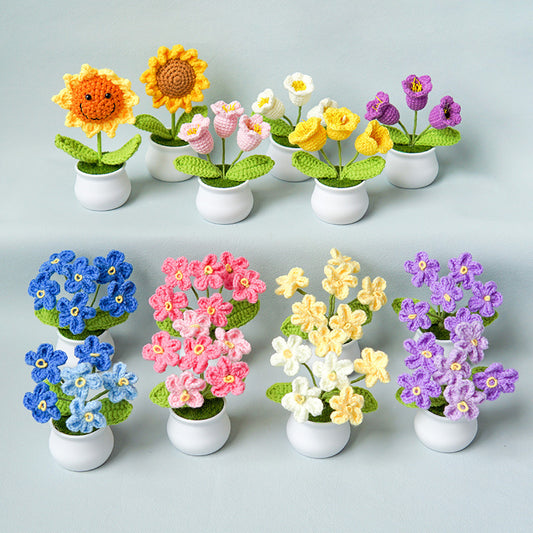 Finished Hand-Woven Linglan Potted Home Decoration Knitted Artificial Flower Wool Crocheted Bouquet Fake Flower Gift