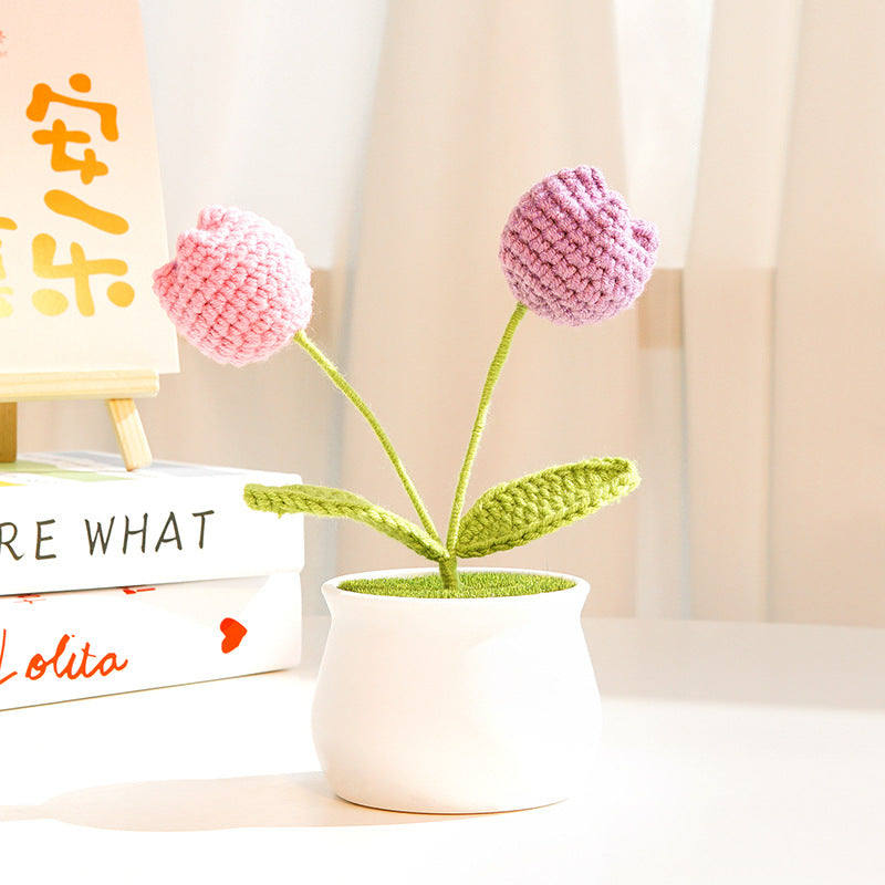 Finished Hand-Woven Linglan Potted Home Decoration Knitted Artificial Flower Wool Crocheted Bouquet Fake Flower Gift