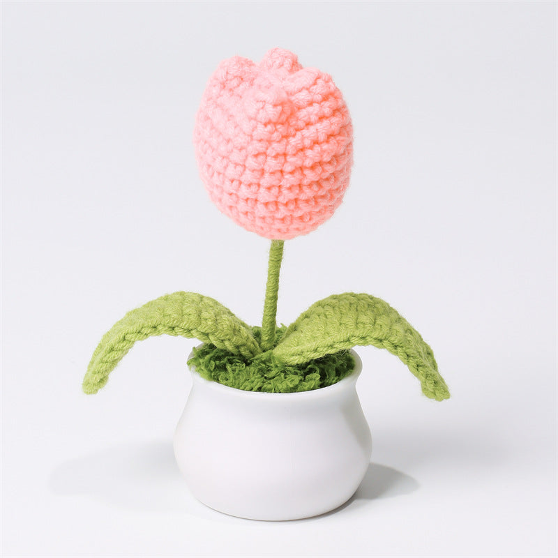 Finished Hand-Woven Linglan Potted Home Decoration Knitted Artificial Flower Wool Crocheted Bouquet Fake Flower Gift
