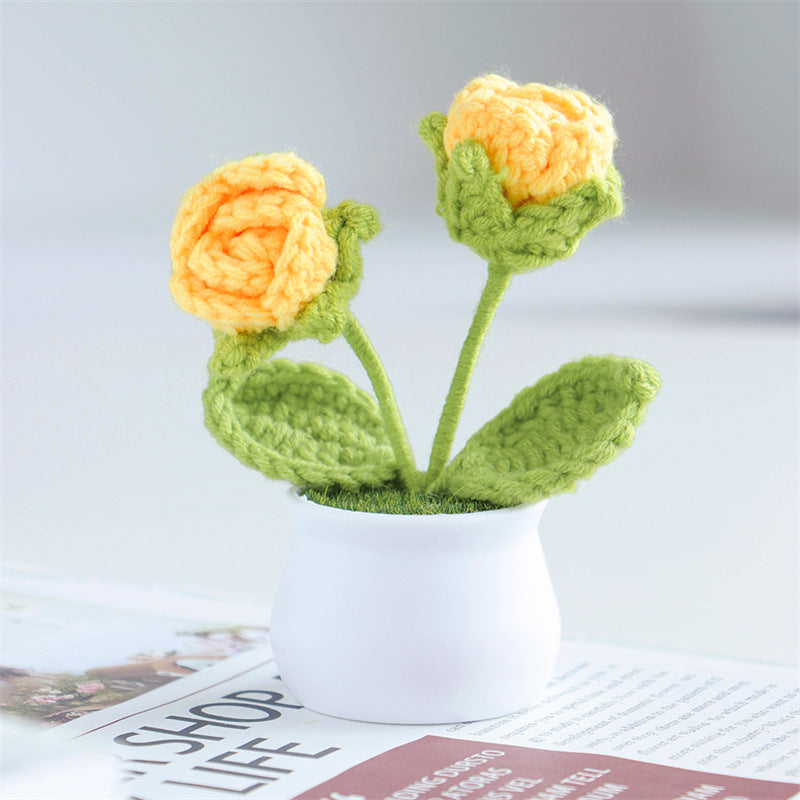 Finished Hand-Woven Linglan Potted Home Decoration Knitted Artificial Flower Wool Crocheted Bouquet Fake Flower Gift