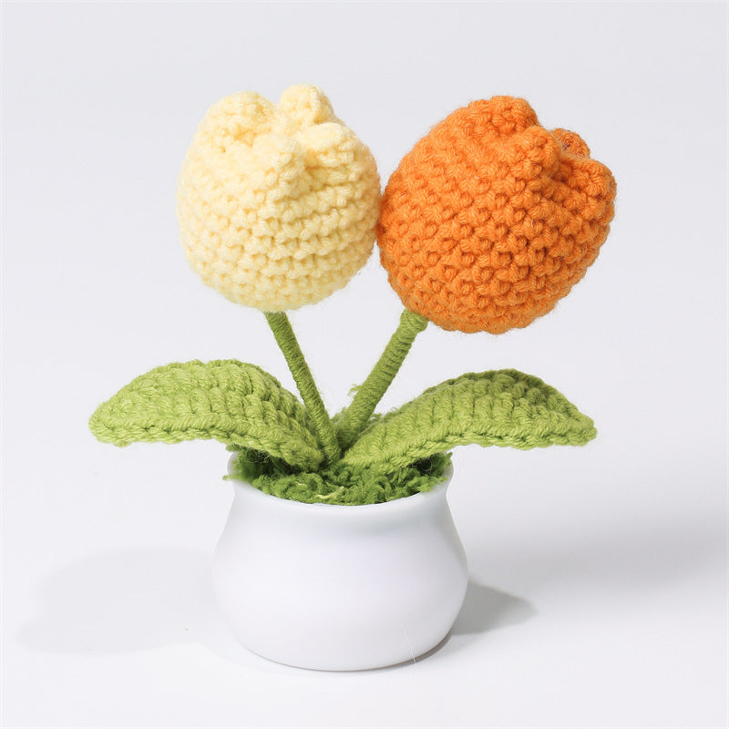 Finished Hand-Woven Linglan Potted Home Decoration Knitted Artificial Flower Wool Crocheted Bouquet Fake Flower Gift