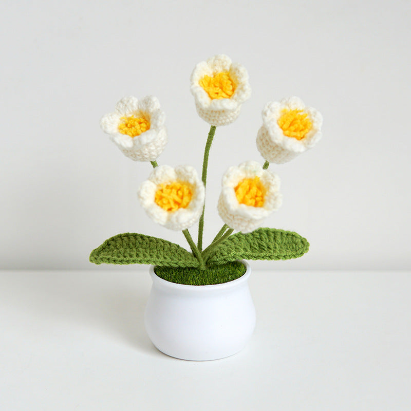 Finished Hand-Woven Linglan Potted Home Decoration Knitted Artificial Flower Wool Crocheted Bouquet Fake Flower Gift