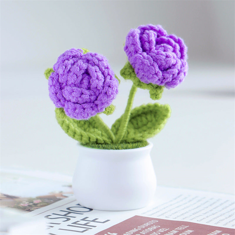 Finished Hand-Woven Linglan Potted Home Decoration Knitted Artificial Flower Wool Crocheted Bouquet Fake Flower Gift