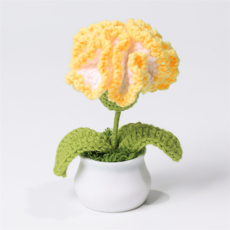 Finished Hand-Woven Linglan Potted Home Decoration Knitted Artificial Flower Wool Crocheted Bouquet Fake Flower Gift