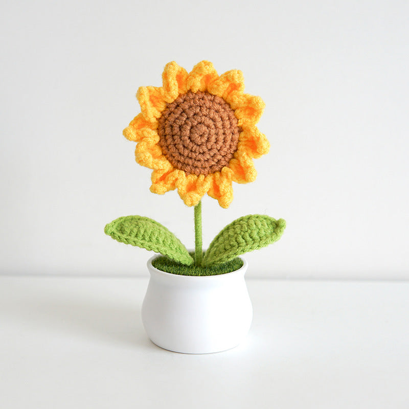Finished Hand-Woven Linglan Potted Home Decoration Knitted Artificial Flower Wool Crocheted Bouquet Fake Flower Gift