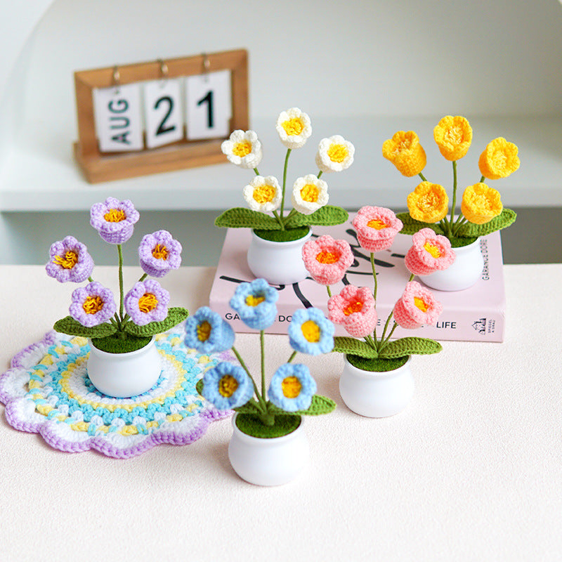 Finished Hand-Woven Linglan Potted Home Decoration Knitted Artificial Flower Wool Crocheted Bouquet Fake Flower Gift