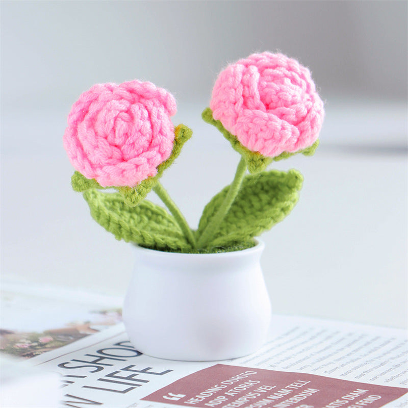 Finished Hand-Woven Linglan Potted Home Decoration Knitted Artificial Flower Wool Crocheted Bouquet Fake Flower Gift