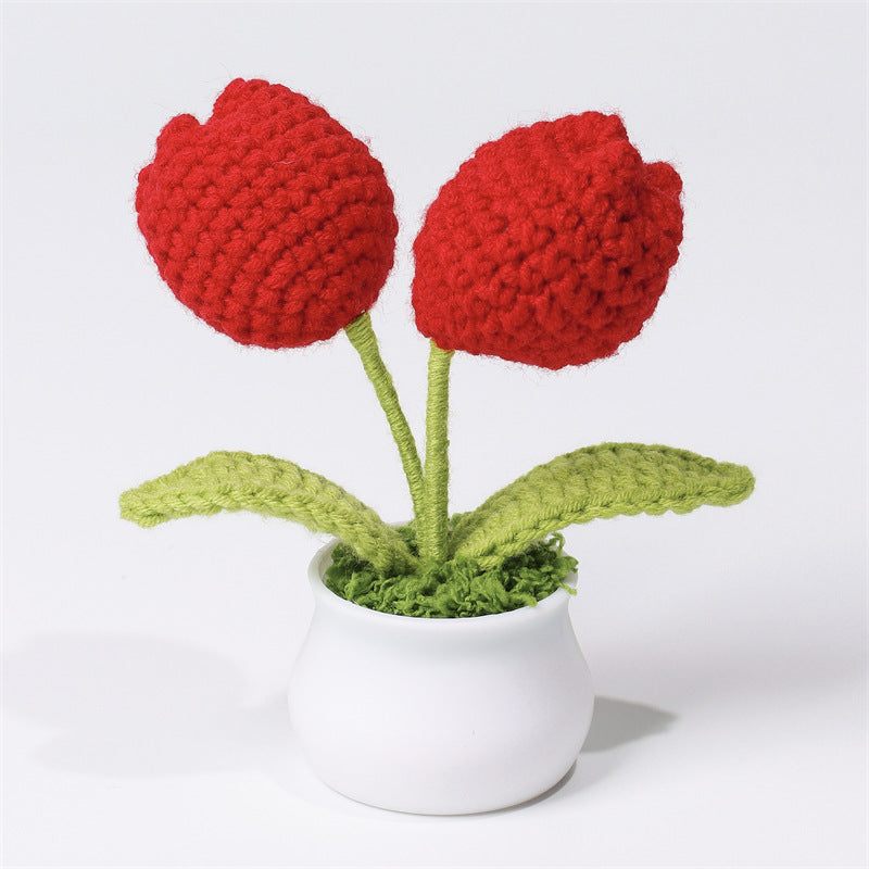 Finished Hand-Woven Linglan Potted Home Decoration Knitted Artificial Flower Wool Crocheted Bouquet Fake Flower Gift