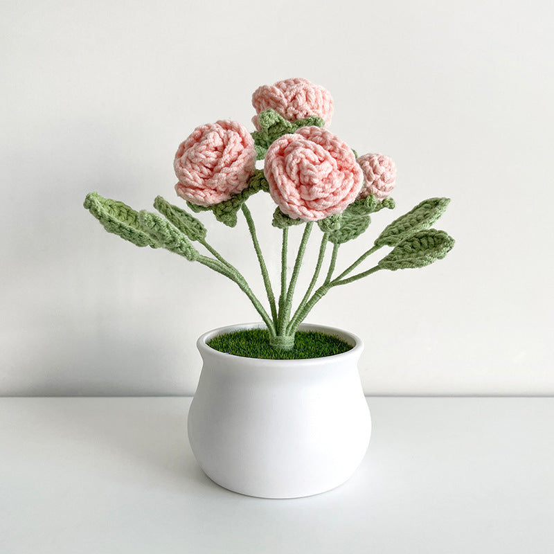 Finished Hand-Woven Linglan Potted Home Decoration Knitted Artificial Flower Wool Crocheted Bouquet Fake Flower Gift