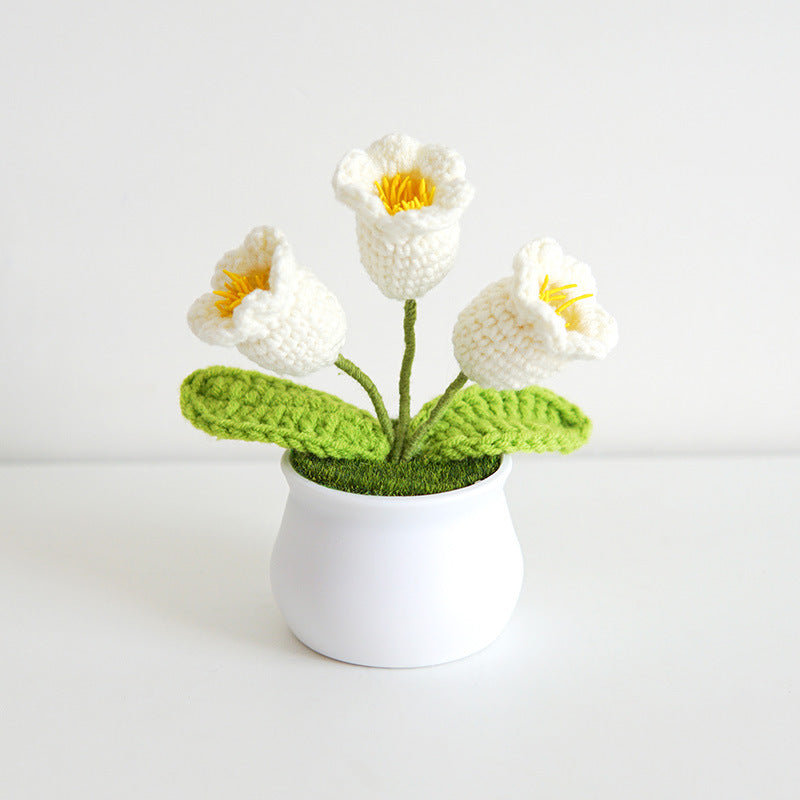 Finished Hand-Woven Linglan Potted Home Decoration Knitted Artificial Flower Wool Crocheted Bouquet Fake Flower Gift