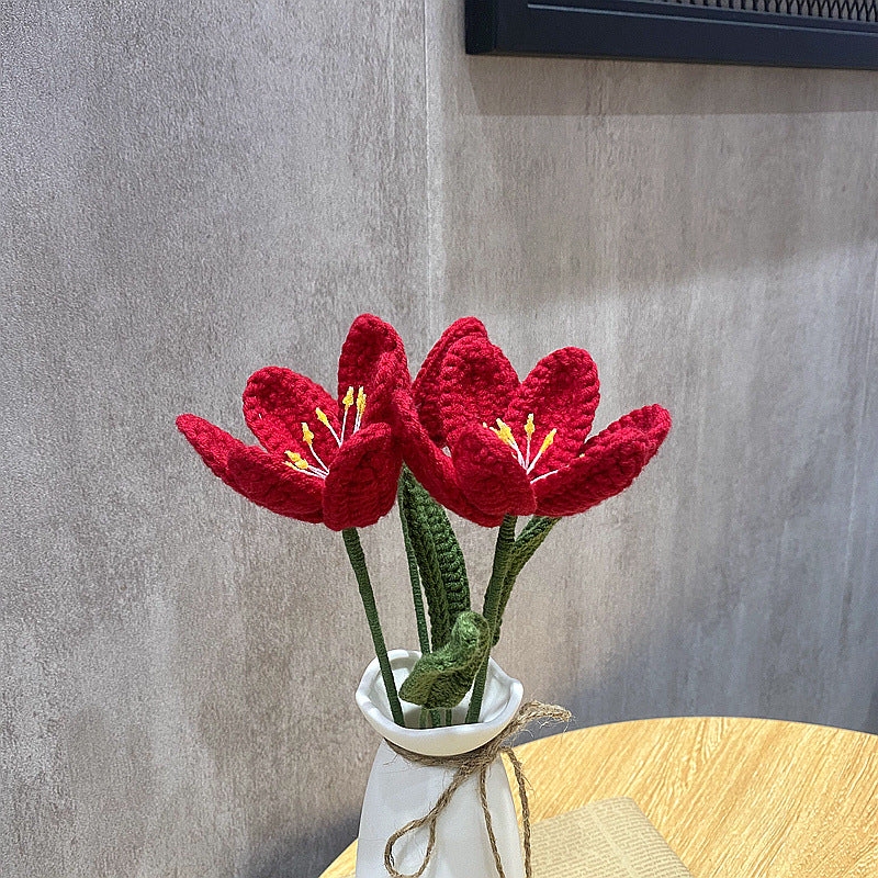 Finished Handmade Woven Rose Lily of the Valley Sunflower Artificial Flower Yarn Knitted Bouquet Floral Arrangement Gift