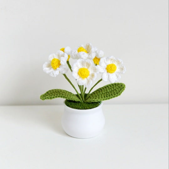 Finished Hand-Woven Linglan Potted Home Decoration Knitted Artificial Flower Wool Crocheted Bouquet Fake Flower Gift