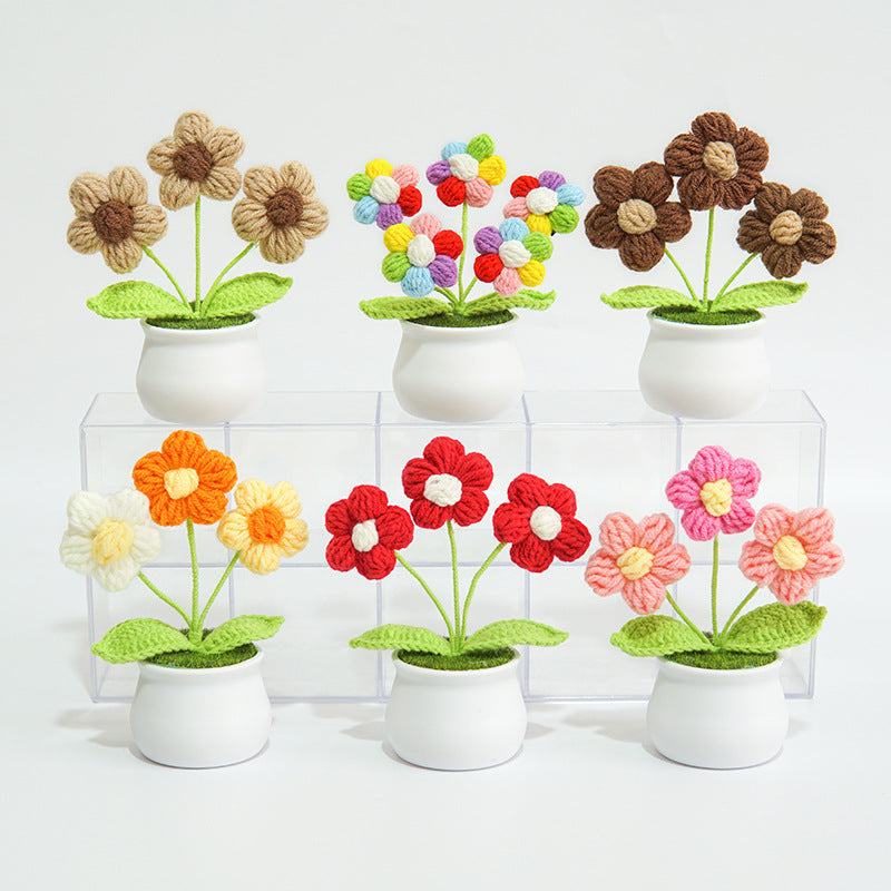 Finished Hand-Woven Linglan Potted Home Decoration Knitted Artificial Flower Wool Crocheted Bouquet Fake Flower Gift