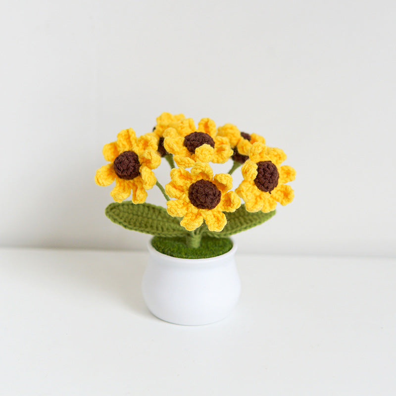 Finished Hand-Woven Linglan Potted Home Decoration Knitted Artificial Flower Wool Crocheted Bouquet Fake Flower Gift