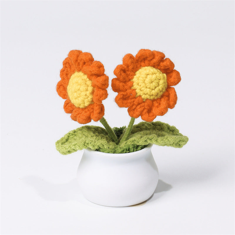 Finished Hand-Woven Linglan Potted Home Decoration Knitted Artificial Flower Wool Crocheted Bouquet Fake Flower Gift