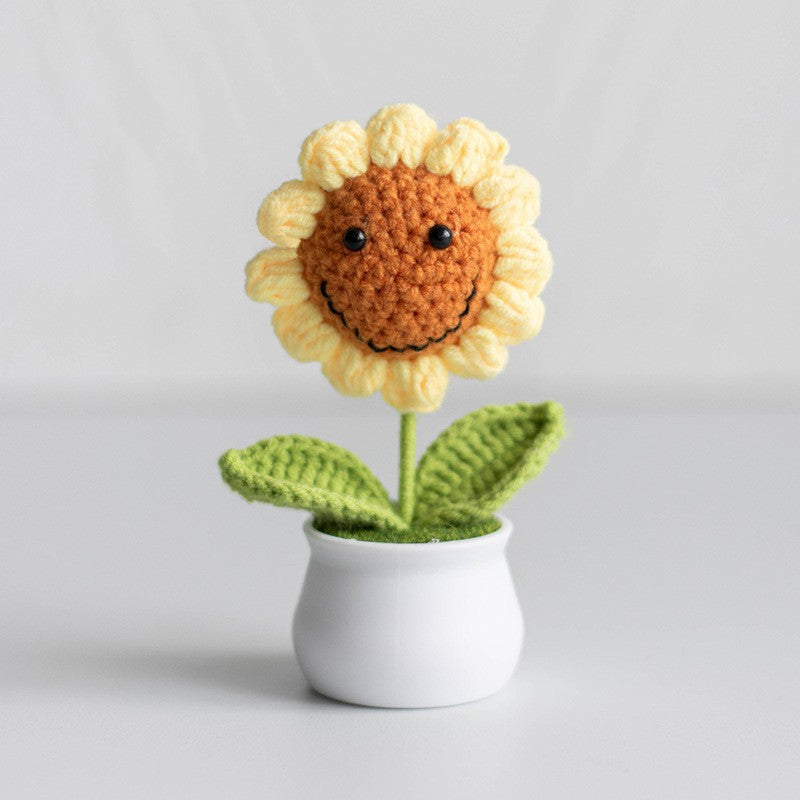Finished Hand-Woven Linglan Potted Home Decoration Knitted Artificial Flower Wool Crocheted Bouquet Fake Flower Gift