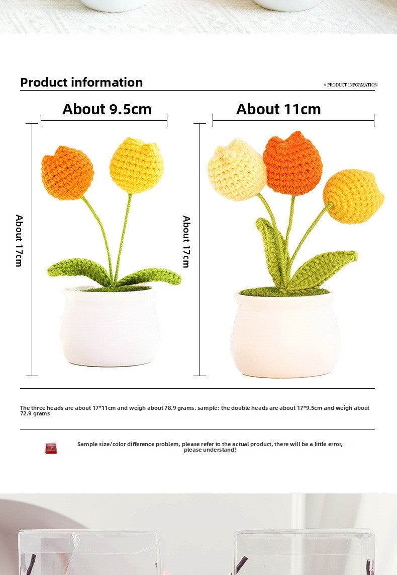 Finished Hand-Woven Linglan Potted Home Decoration Knitted Artificial Flower Wool Crocheted Bouquet Fake Flower Gift