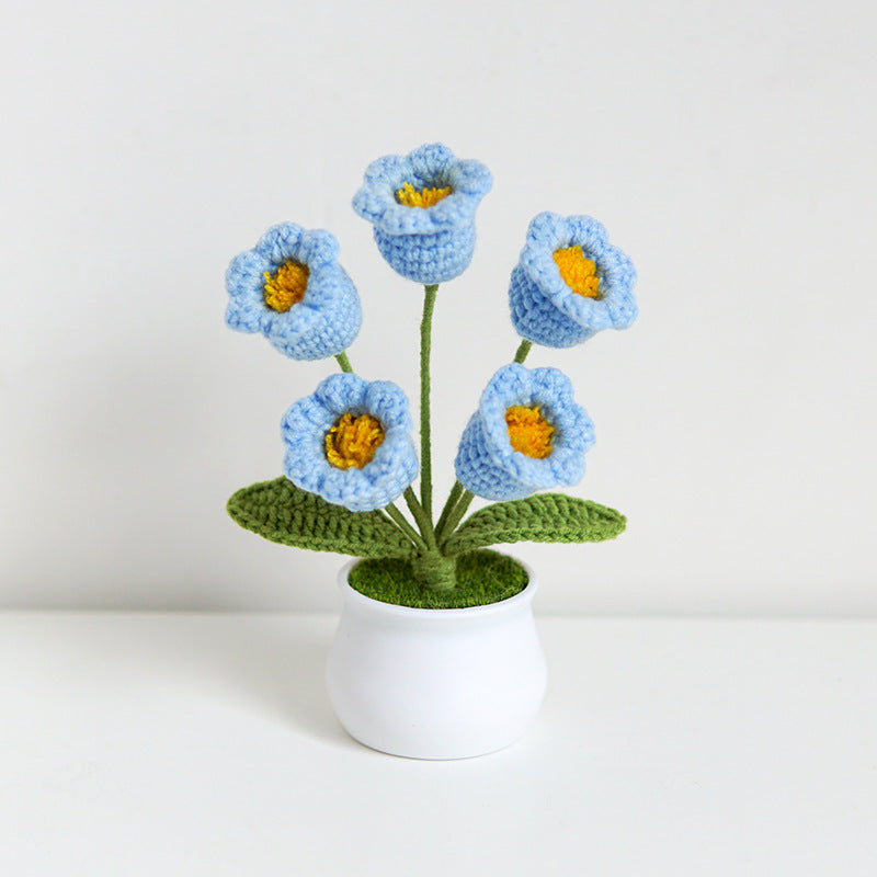 Finished Hand-Woven Linglan Potted Home Decoration Knitted Artificial Flower Wool Crocheted Bouquet Fake Flower Gift