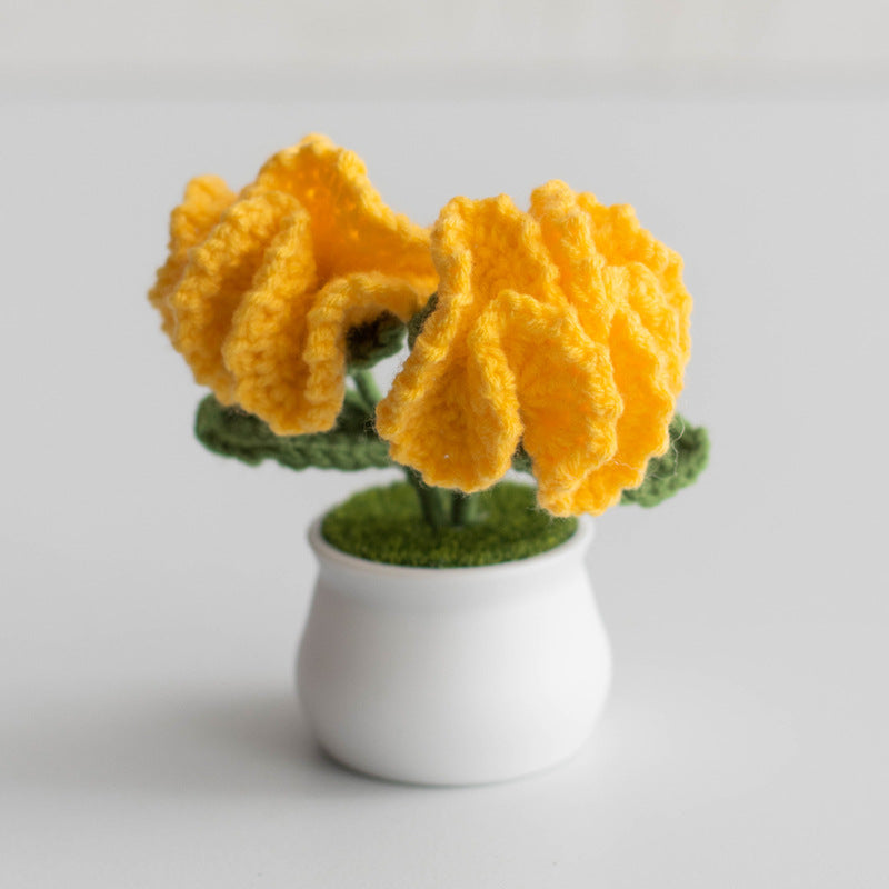Finished Hand-Woven Linglan Potted Home Decoration Knitted Artificial Flower Wool Crocheted Bouquet Fake Flower Gift