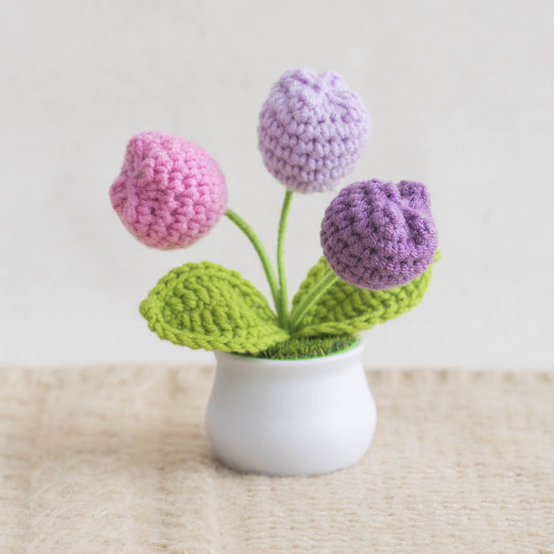 Finished Hand-Woven Linglan Potted Home Decoration Knitted Artificial Flower Wool Crocheted Bouquet Fake Flower Gift