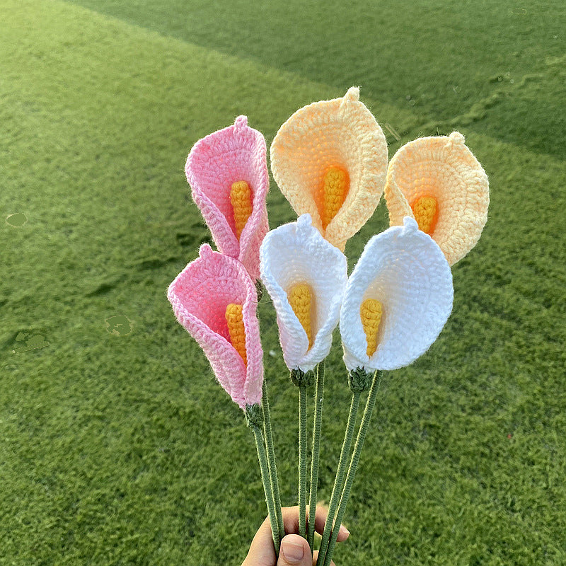 Finished Handmade Woven Rose Lily of the Valley Sunflower Artificial Flower Yarn Knitted Bouquet Floral Arrangement Gift
