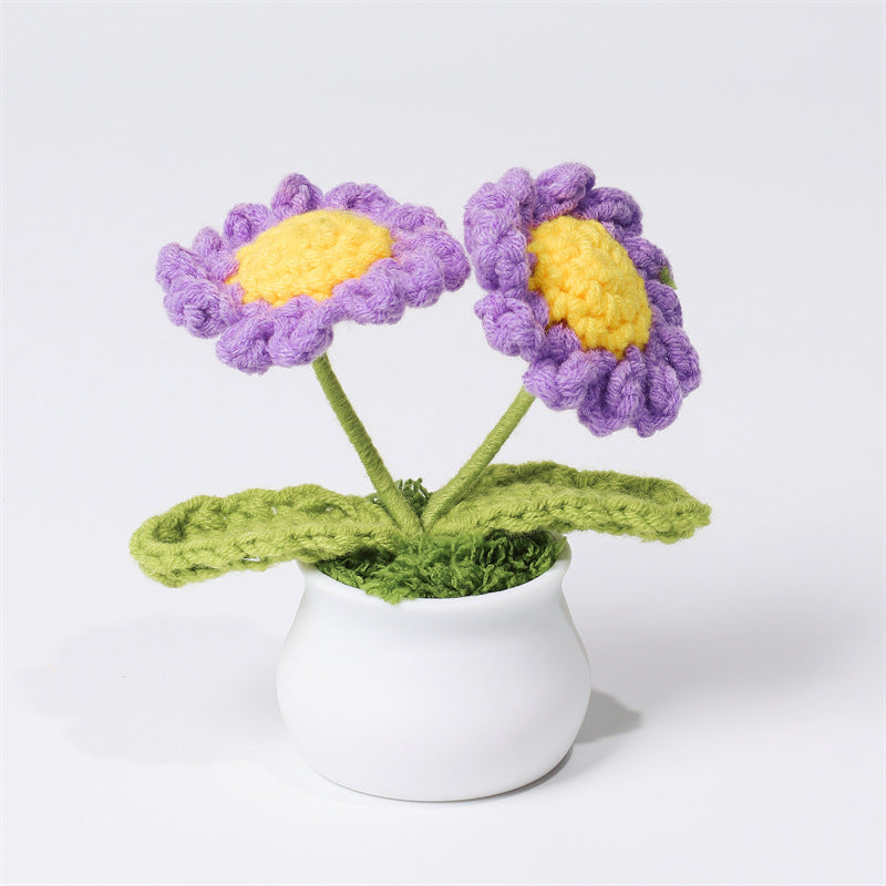 Finished Hand-Woven Linglan Potted Home Decoration Knitted Artificial Flower Wool Crocheted Bouquet Fake Flower Gift