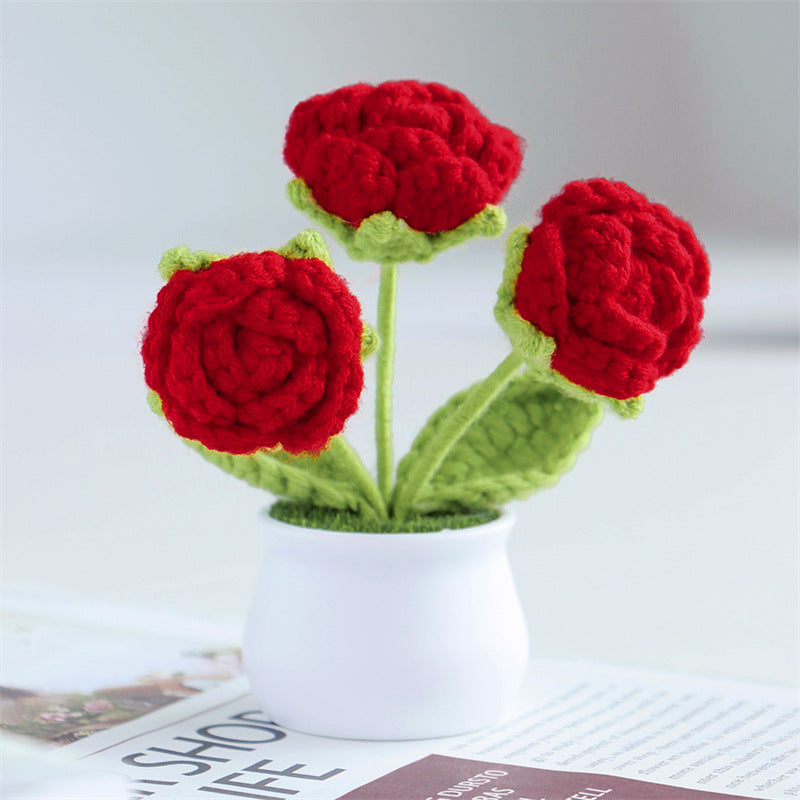Finished Hand-Woven Linglan Potted Home Decoration Knitted Artificial Flower Wool Crocheted Bouquet Fake Flower Gift