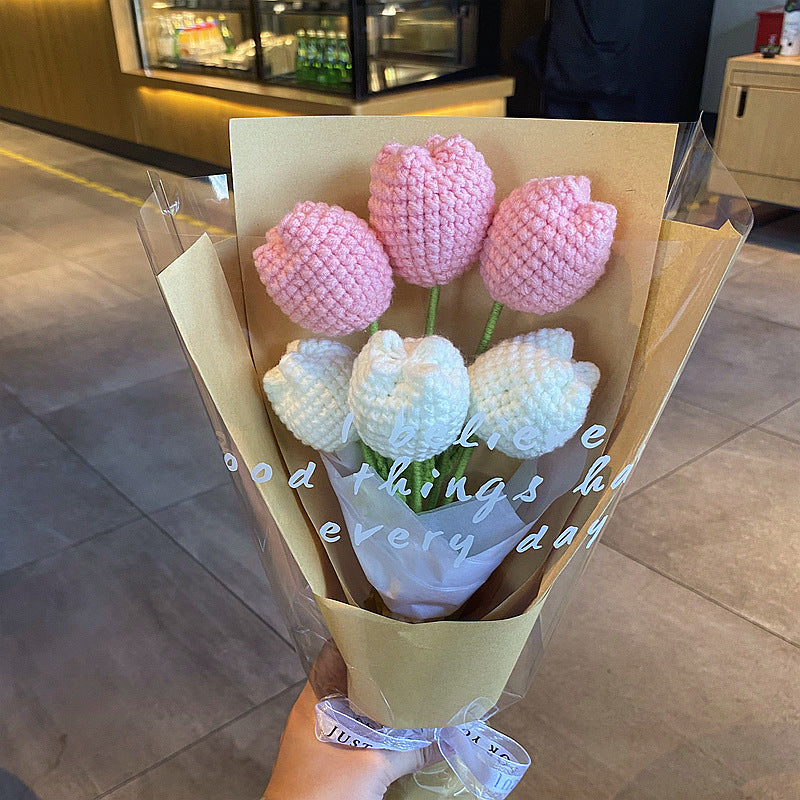 Finished Handmade Woven Rose Lily of the Valley Sunflower Artificial Flower Yarn Knitted Bouquet Floral Arrangement Gift
