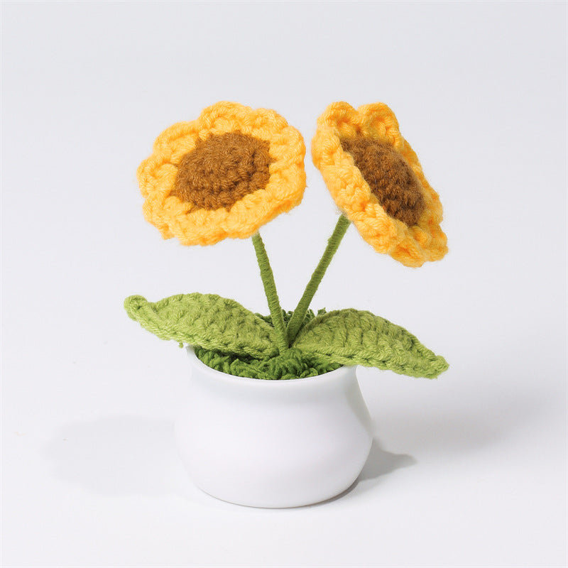 Finished Hand-Woven Linglan Potted Home Decoration Knitted Artificial Flower Wool Crocheted Bouquet Fake Flower Gift