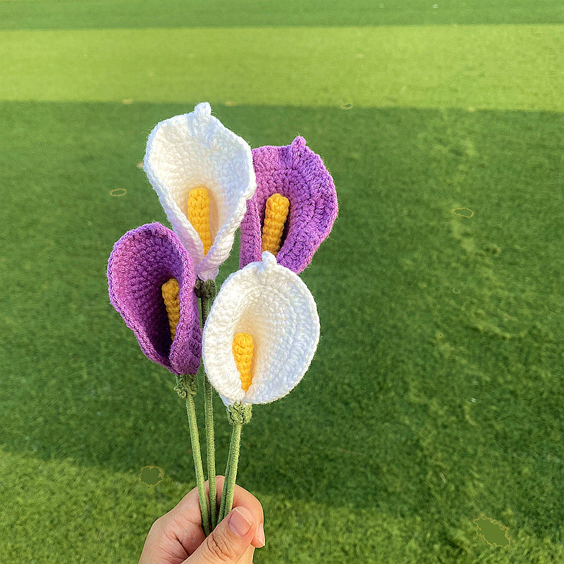 Finished Handmade Woven Rose Lily of the Valley Sunflower Artificial Flower Yarn Knitted Bouquet Floral Arrangement Gift