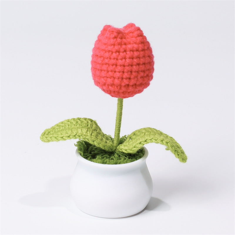 Finished Hand-Woven Linglan Potted Home Decoration Knitted Artificial Flower Wool Crocheted Bouquet Fake Flower Gift
